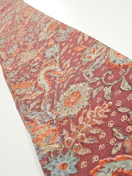 Photo1: 2Q07z40  Japanese Kimono Silk  FABRIC Flowers  59.8x7.3 (1)