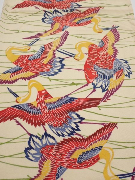 Photo1: 2N01z60  Japanese Kimono Crepe Silk  FABRIC Crane Light cream 40.2x14.0 (1)