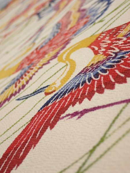 Photo4: 2N01z60  Japanese Kimono Crepe Silk  FABRIC Crane Light cream 40.2x14.0 (4)