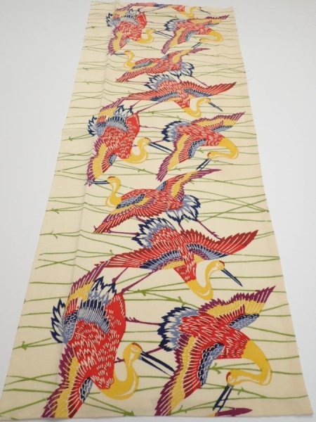 Photo5: 2N06z50  Japanese Kimono Crepe Silk  FABRIC Crane Light cream 34.3x14.2 (5)