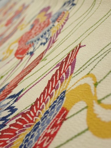 Photo4: 2N07z50  Japanese Kimono Crepe Silk  FABRIC Crane Light cream 60.6x7.1 (4)
