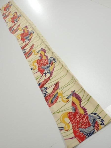 Photo5: 2N08z50  Japanese Kimono Crepe Silk  FABRIC Crane Light cream 60.6x7.1 (5)