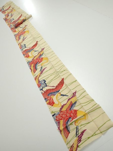 Photo3: 2N09z60  Japanese Kimono Crepe Silk  FABRIC Crane Light cream 83.5x6.9 (3)