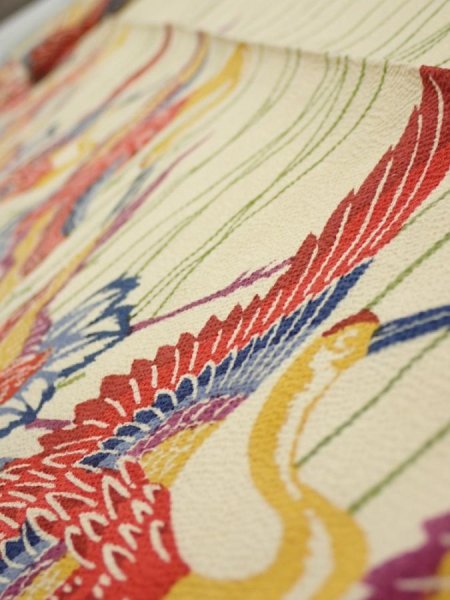 Photo4: 2N09z60  Japanese Kimono Crepe Silk  FABRIC Crane Light cream 83.5x6.9 (4)