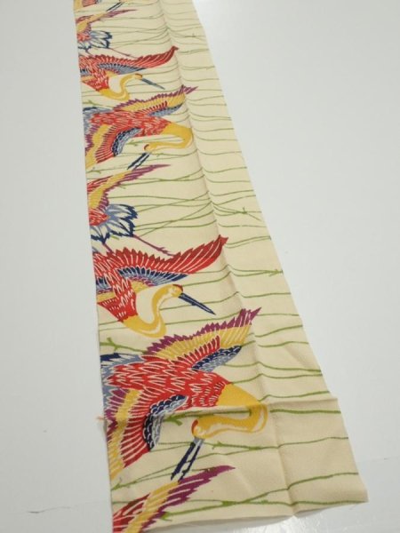 Photo5: 2N09z60  Japanese Kimono Crepe Silk  FABRIC Crane Light cream 83.5x6.9 (5)
