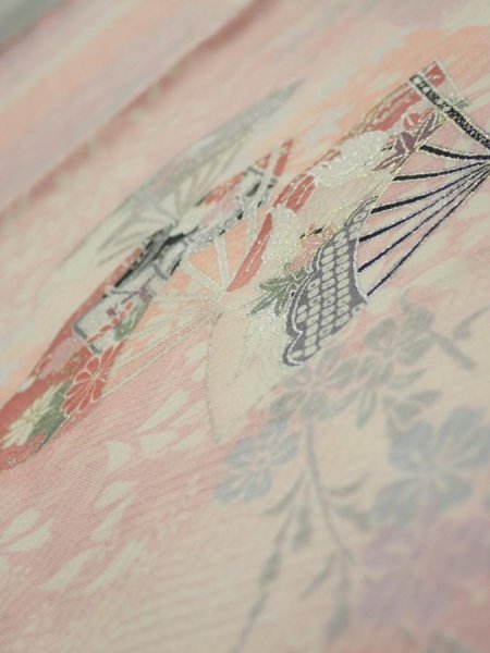 Photo4: 2N01z60  Japanese Kimono Silk  FABRIC Sensu Pink 40.2x14.4 (4)