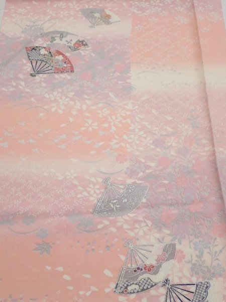Photo1: 2N02z60  Japanese Kimono Silk  FABRIC Sensu Pink 40.2x14.4 (1)