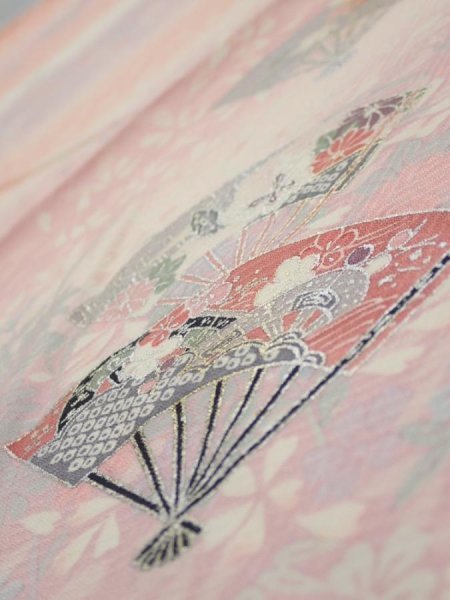 Photo4: 2N02z60  Japanese Kimono Silk  FABRIC Sensu Pink 40.2x14.4 (4)