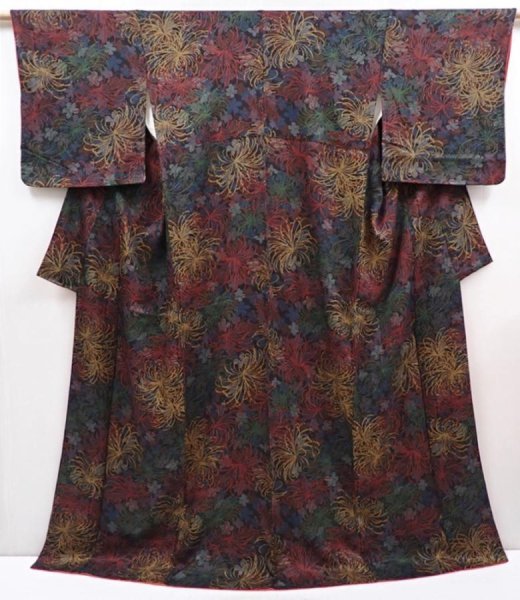 Photo1: 6210T05z920 Vintage Japanese Kimono Silk KOMON Chrysanthemum Black (1)