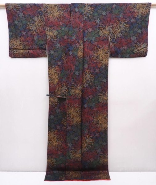 Photo8: 6210T05z920 Vintage Japanese Kimono Silk KOMON Chrysanthemum Black (8)