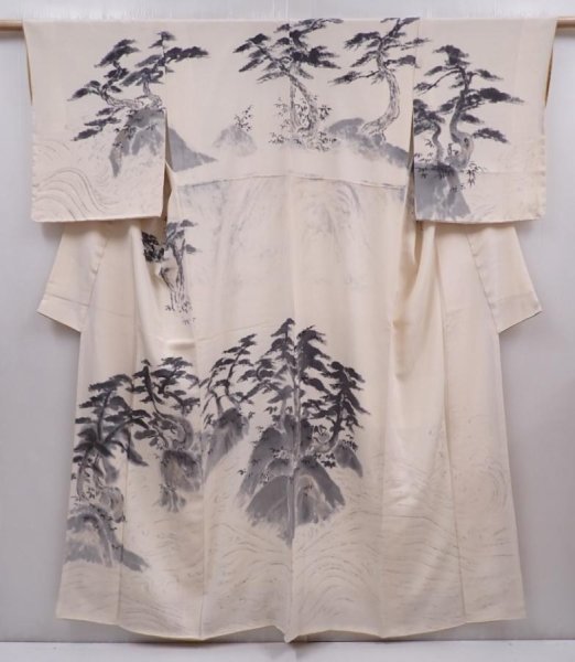 Photo1: 6210T07z920 Vintage Japanese Kimono Silk TSUKESAGE Pine Off-white (1)
