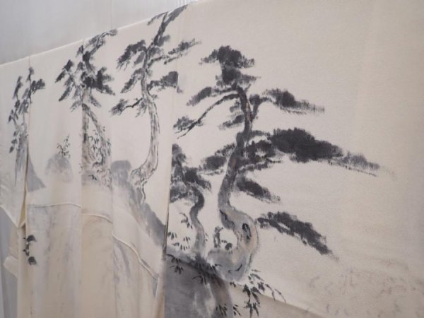 Photo2: 6210T07z920 Vintage Japanese Kimono Silk TSUKESAGE Pine Off-white (2)