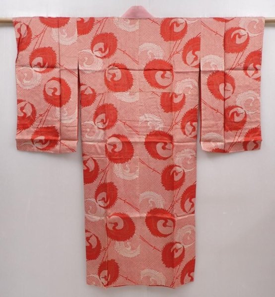 Photo1: 6210T08z540 Vintage Japanese Kimono Synthetic JUBAN Flying crane Dark red (1)