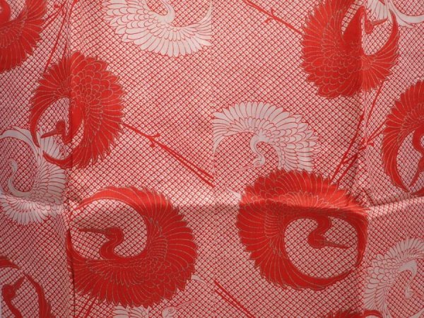 Photo3: 6210T08z540 Vintage Japanese Kimono Synthetic JUBAN Flying crane Dark red (3)