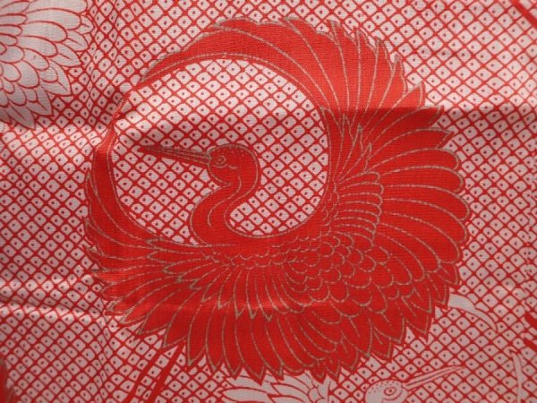 Photo4: 6210T08z540 Vintage Japanese Kimono Synthetic JUBAN Flying crane Dark red (4)