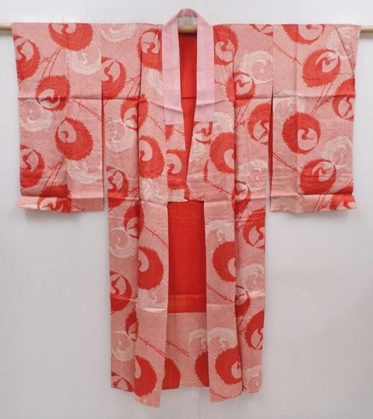Photo7: 6210T08z540 Vintage Japanese Kimono Synthetic JUBAN Flying crane Dark red (7)