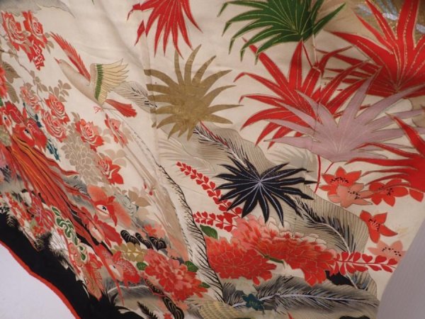 Photo4: 6210T09z1580 Vintage Japanese Kimono Silk FURISODE Pheasant Off-white (4)