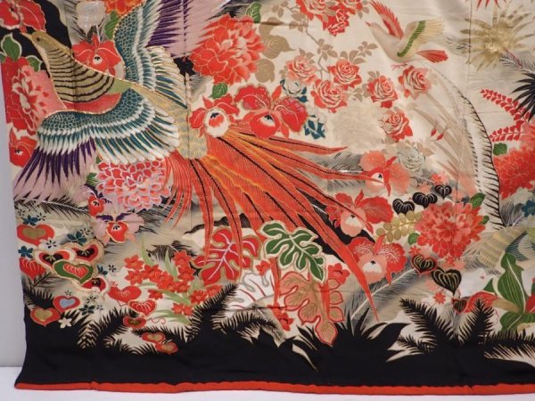 Photo5: 6210T09z1580 Vintage Japanese Kimono Silk FURISODE Pheasant Off-white (5)