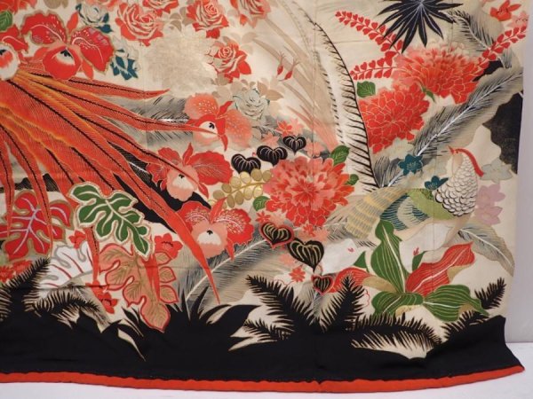 Photo7: 6210T09z1580 Vintage Japanese Kimono Silk FURISODE Pheasant Off-white (7)