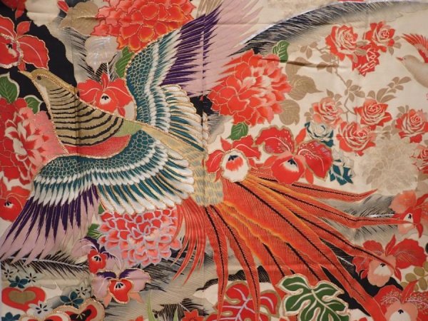 Photo8: 6210T09z1580 Vintage Japanese Kimono Silk FURISODE Pheasant Off-white (8)