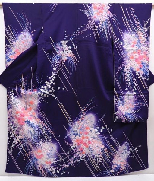 Photo1: 6210T12z1150  Japanese Kimono Silk FURISODE Flower Dark purple (1)