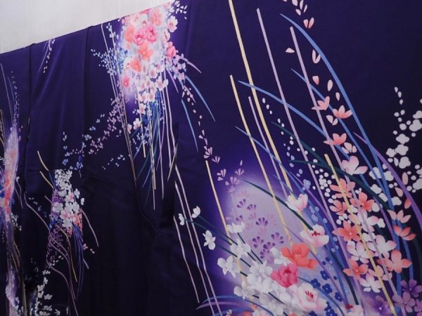 Photo2: 6210T12z1150  Japanese Kimono Silk FURISODE Flower Dark purple (2)