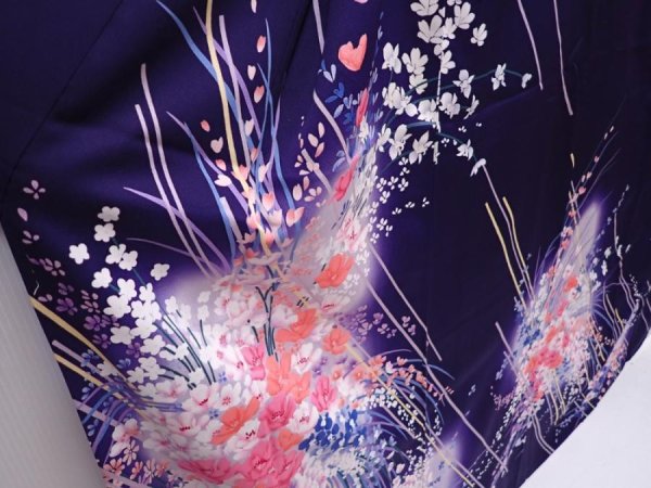 Photo3: 6210T12z1150  Japanese Kimono Silk FURISODE Flower Dark purple (3)