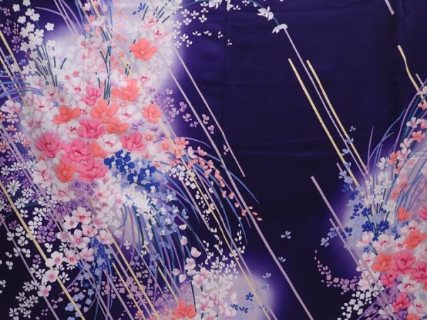 Photo8: 6210T12z1150  Japanese Kimono Silk FURISODE Flower Dark purple (8)