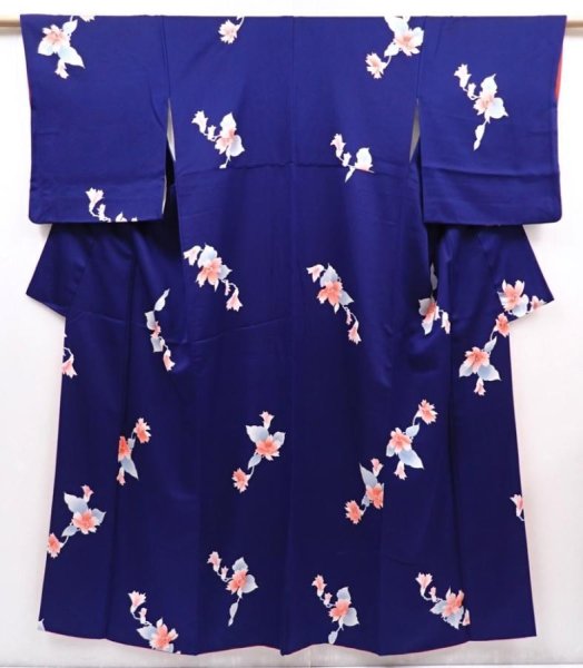 Photo1: 6210T13z870  Japanese Kimono Silk KOMON Flower Dark lavender blue (1)