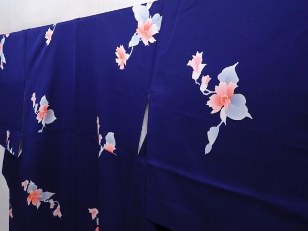 Photo2: 6210T13z870  Japanese Kimono Silk KOMON Flower Dark lavender blue (2)