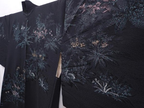 Photo2: 6216T03z620 Vintage Japanese Kimono Silk HAORI Flowers Black (2)