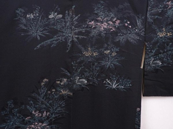 Photo3: 6216T03z620 Vintage Japanese Kimono Silk HAORI Flowers Black (3)