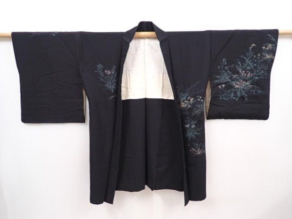 Photo6: 6216T03z620 Vintage Japanese Kimono Silk HAORI Flowers Black (6)