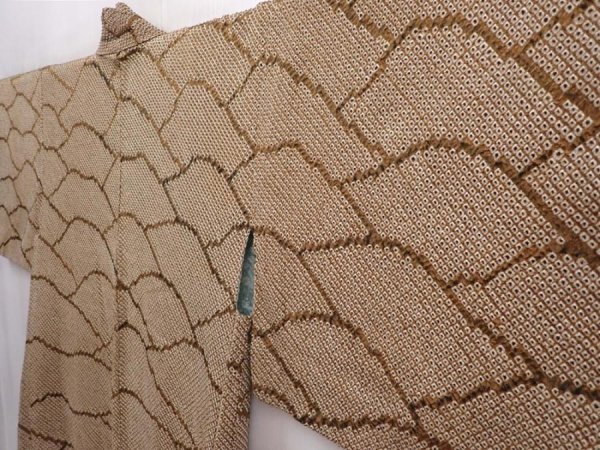 Photo2: 6216T04z430 Vintage Japanese Kimono Silk SHIBORI HAORI  Olive-Brown (2)