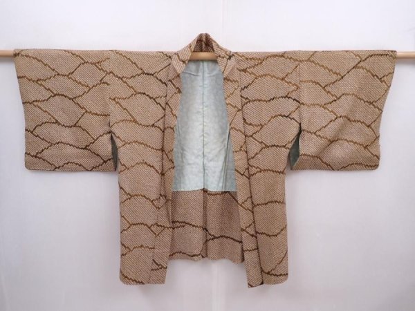 Photo6: 6216T04z430 Vintage Japanese Kimono Silk SHIBORI HAORI  Olive-Brown (6)