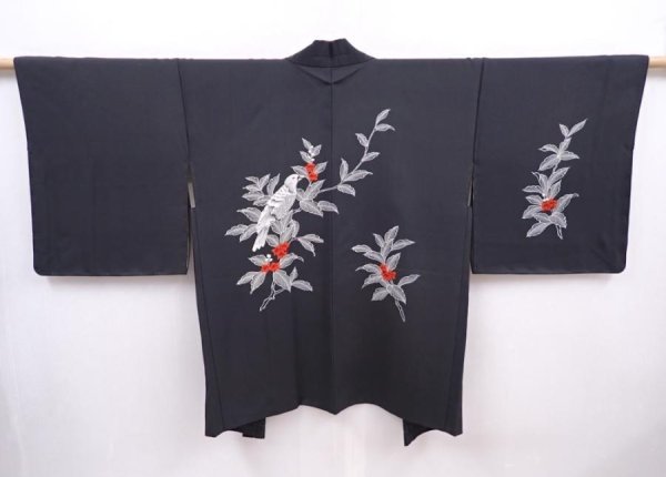 Photo1: 6216T06z600 Vintage Japanese Kimono Silk HAORI Bird Black (1)