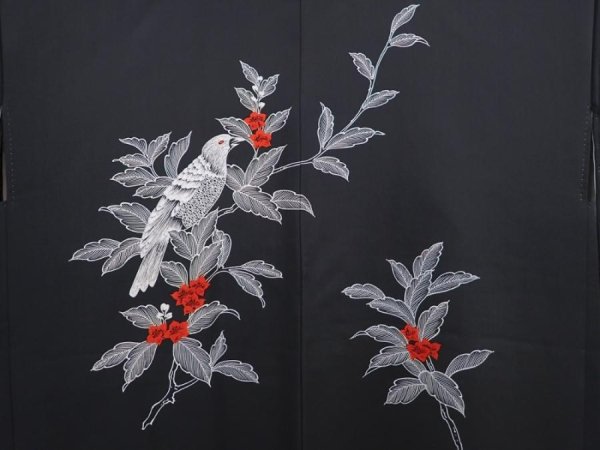 Photo3: 6216T06z600 Vintage Japanese Kimono Silk HAORI Bird Black (3)
