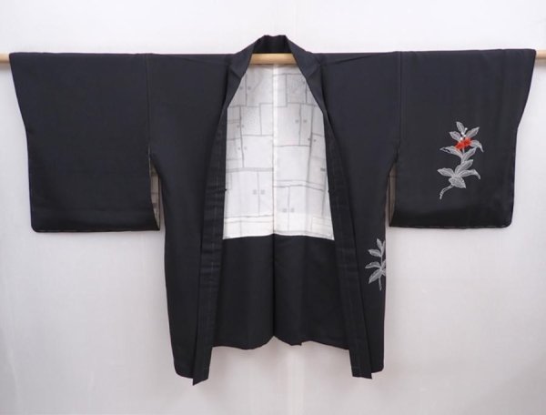 Photo5: 6216T06z600 Vintage Japanese Kimono Silk HAORI Bird Black (5)