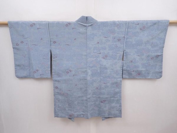 Photo1: 6216T08z590 Vintage Japanese Kimono Silk HAORI Flowers Steel blue (1)