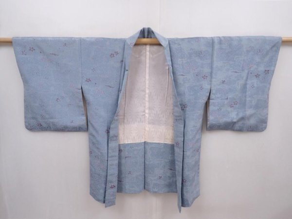 Photo5: 6216T08z590 Vintage Japanese Kimono Silk HAORI Flowers Steel blue (5)
