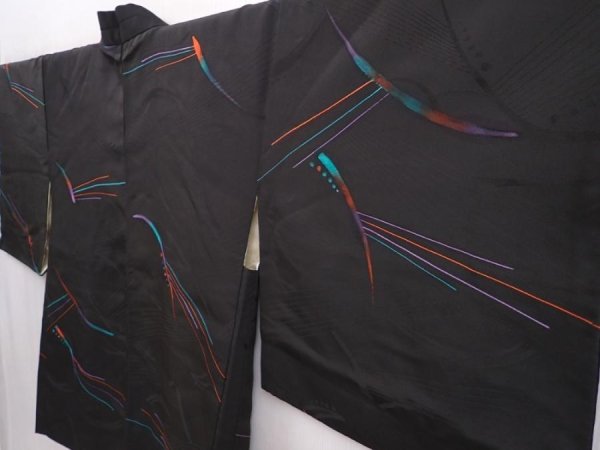 Photo2: 6216T09z620 Vintage Japanese Kimono Silk HAORI  Black (2)
