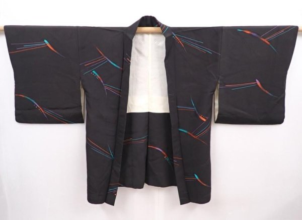 Photo5: 6216T09z620 Vintage Japanese Kimono Silk HAORI  Black (5)