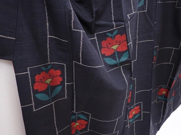 Photo3: 6216T11z820 Vintage Japanese Kimono Silk TSUMUGI Camellia Black (3)