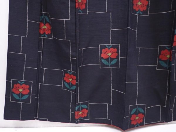 Photo4: 6216T11z820 Vintage Japanese Kimono Silk TSUMUGI Camellia Black (4)