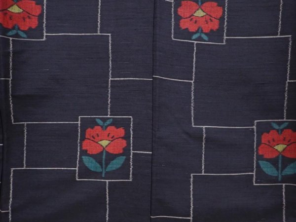 Photo5: 6216T11z820 Vintage Japanese Kimono Silk TSUMUGI Camellia Black (5)