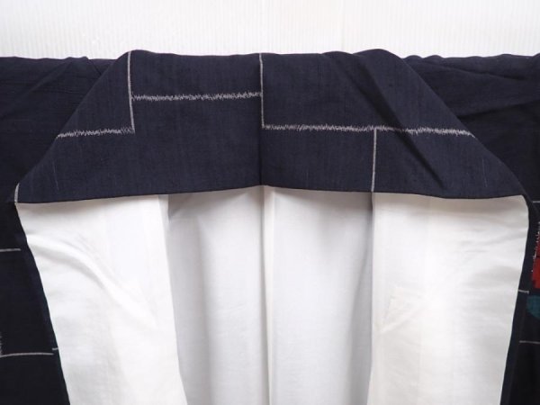 Photo7: 6216T11z820 Vintage Japanese Kimono Silk TSUMUGI Camellia Black (7)