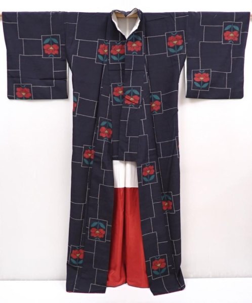 Photo8: 6216T11z820 Vintage Japanese Kimono Silk TSUMUGI Camellia Black (8)