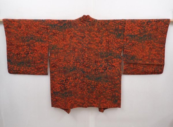 Photo1: 6216T12z640 Vintage Japanese Kimono Silk HAORI Flowers Orange-Red (1)