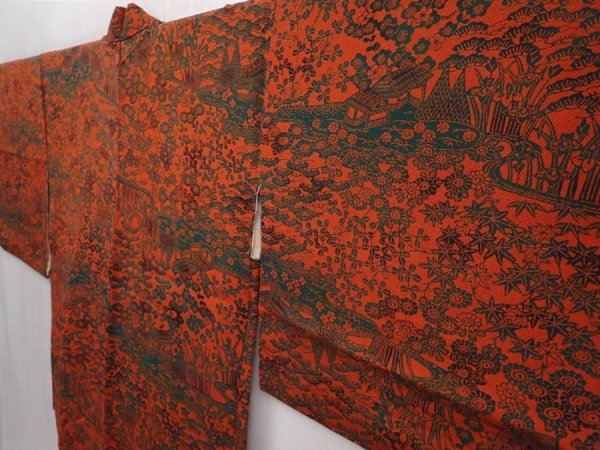 Photo2: 6216T12z640 Vintage Japanese Kimono Silk HAORI Flowers Orange-Red (2)