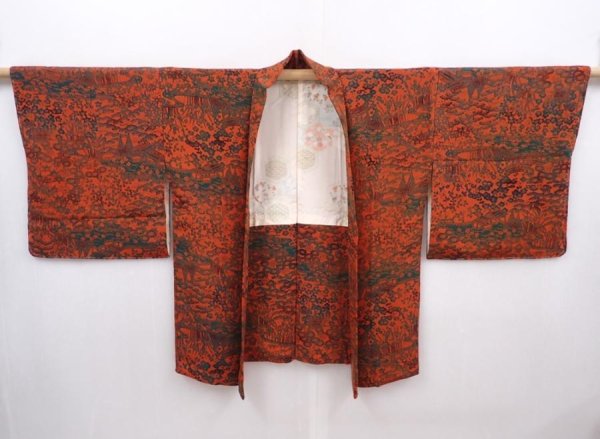 Photo5: 6216T12z640 Vintage Japanese Kimono Silk HAORI Flowers Orange-Red (5)